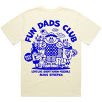 Beige t-shirt with blue graphic and text 'Fun Dads Club' on a white background