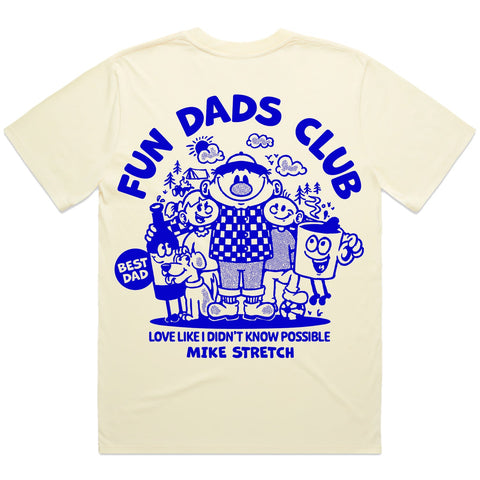 Beige t-shirt with blue graphic and text 'Fun Dads Club' on a white background